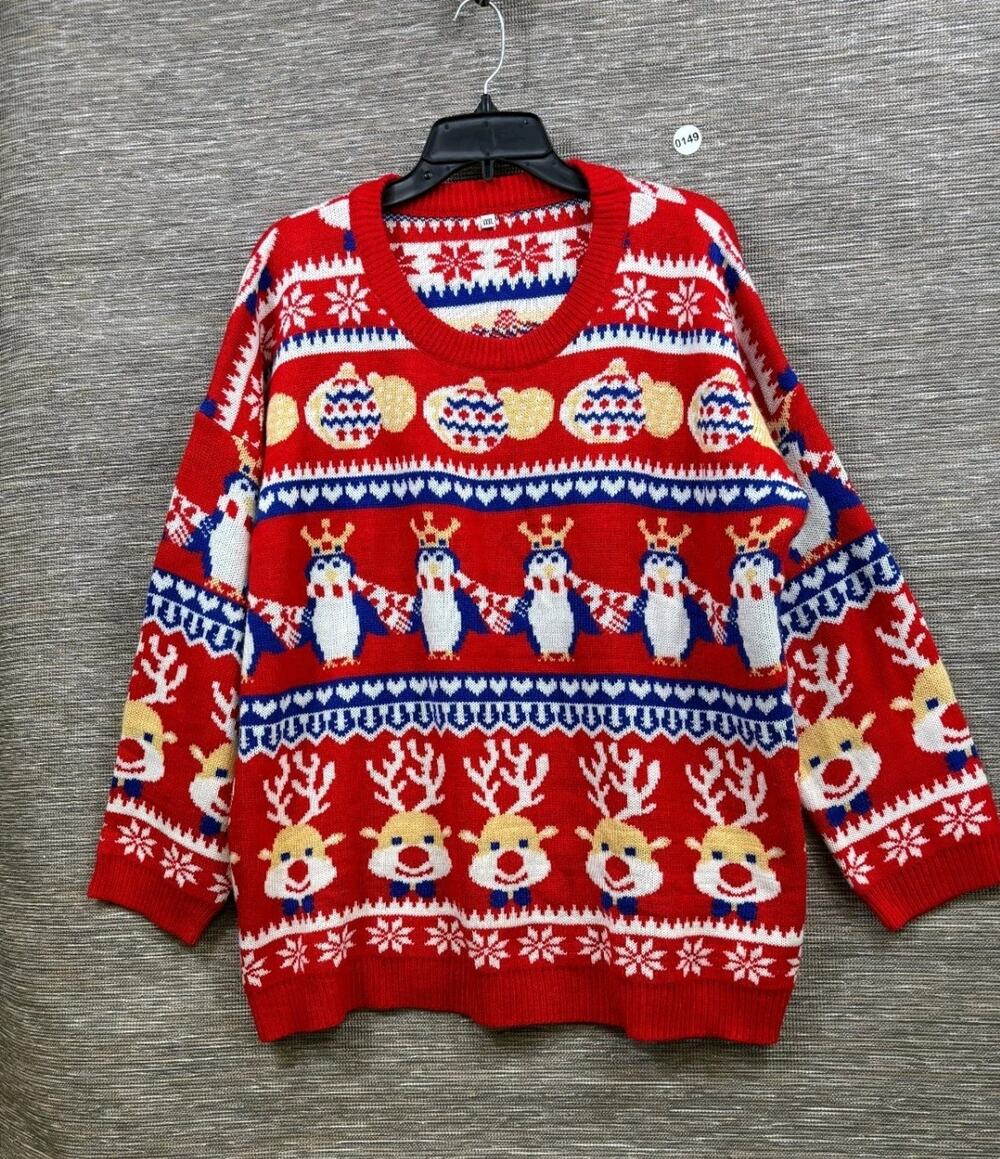 Ugly Sweater V28 Size XXXL Reindeers Penguin Snow Red Blue Long Sleeve
